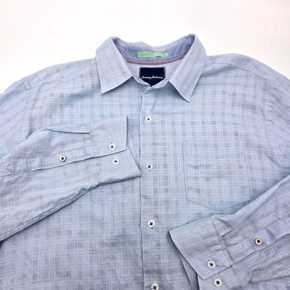 Tommy Bahama Mens Large Blue Linen Cotton Grid Long Sleeve Button Up Shirt
